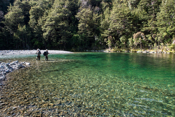 Two fly fishers wade through a clear river bordered by forest in New Zealand