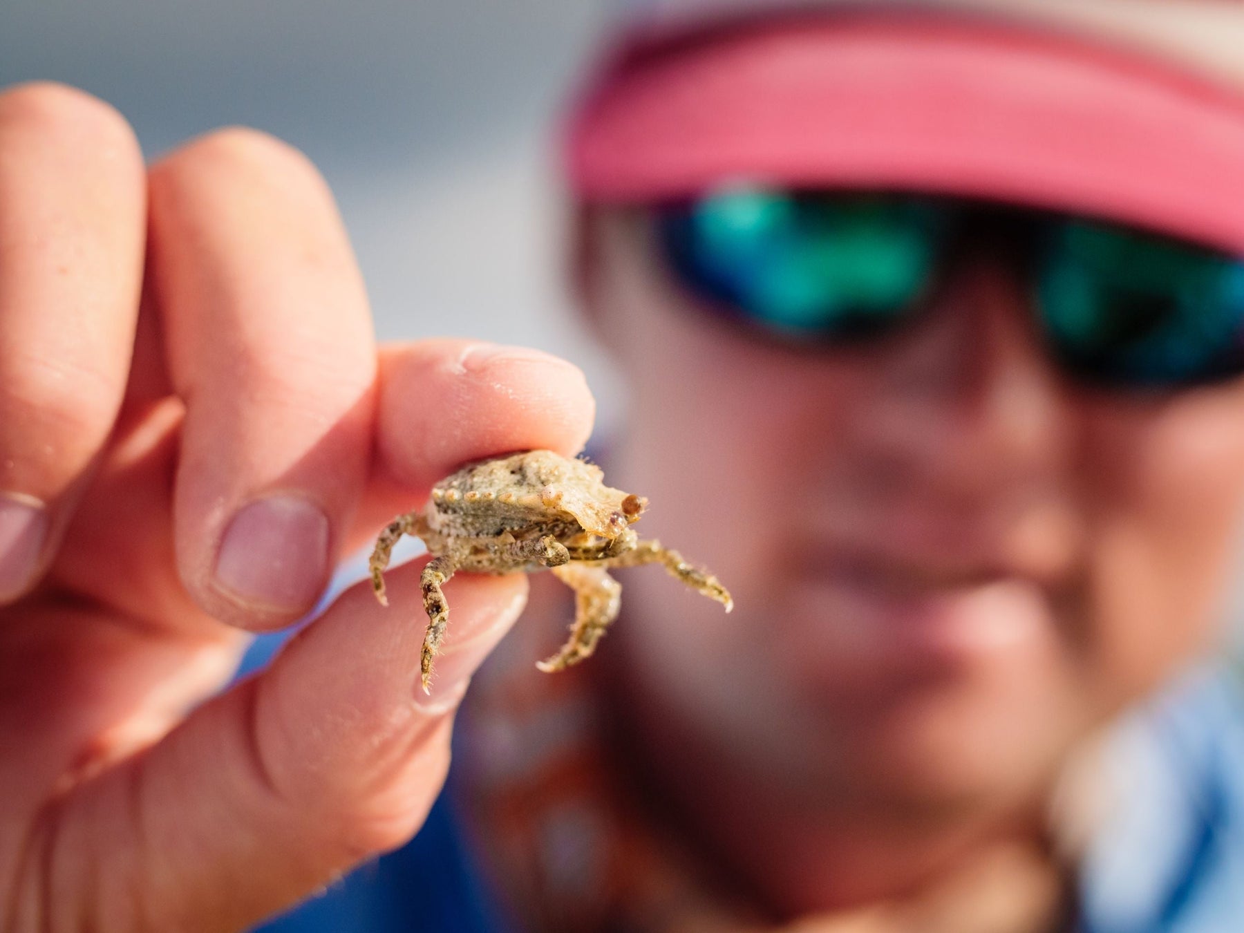 Angler holding a crab-like fishing fly in front of their face