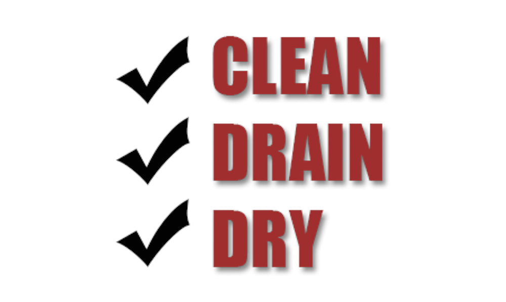 Checklist graphic showing three steps for cleaning fishing gear: clean, drain, and dry
