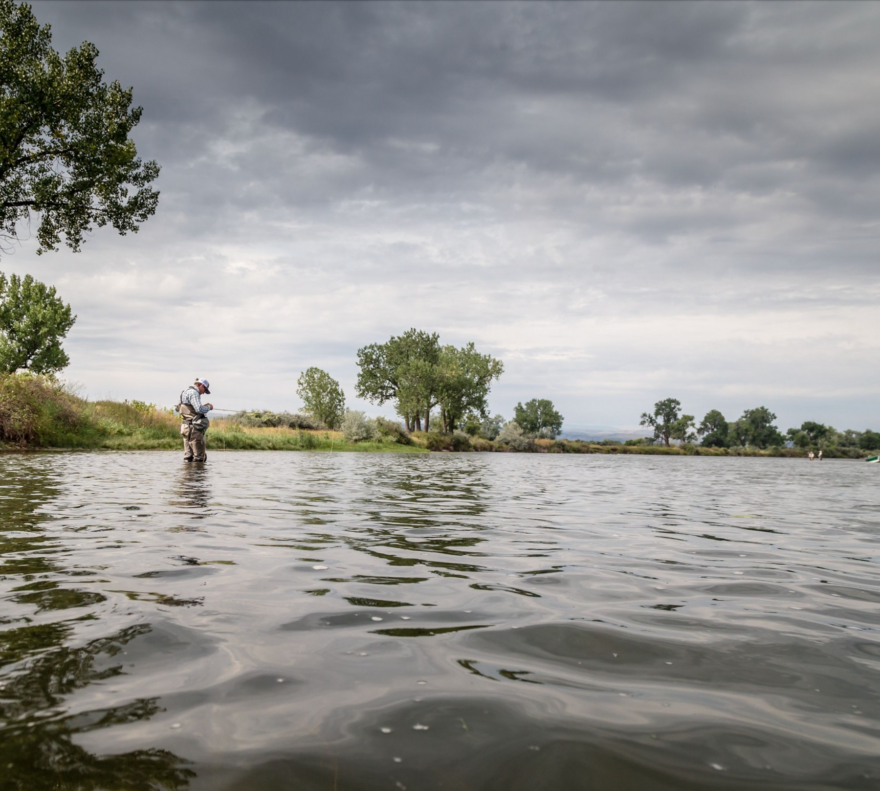 Angler fly fishing in a river with trees and a cloudy sky