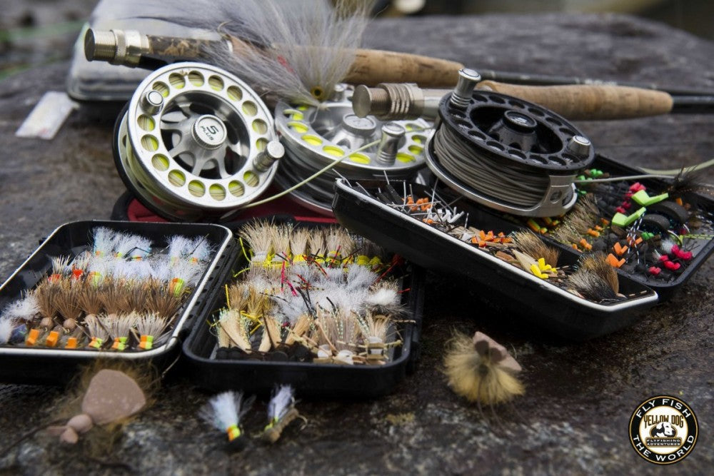 Fly fishing gear arranged in cases with rods and reels on a dark surface