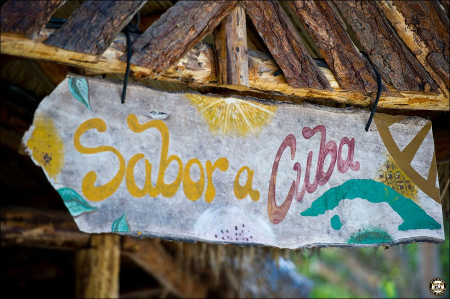 Hand-painted sign reading 'Sabor a Cuba' hanging beneath a thatched roof at a rustic outdoor Cuban shack