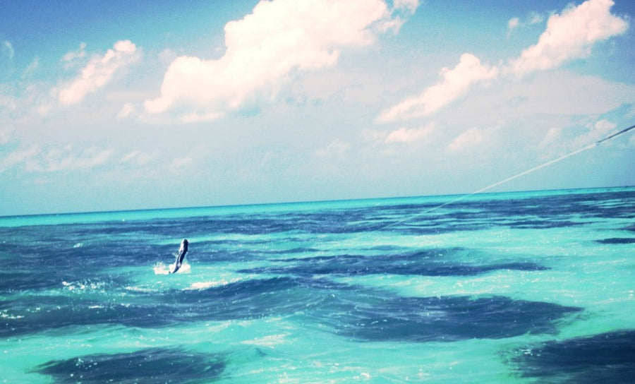 Fish leaping from turquoise ocean during fly fishing, line visible against cloudy blue sky