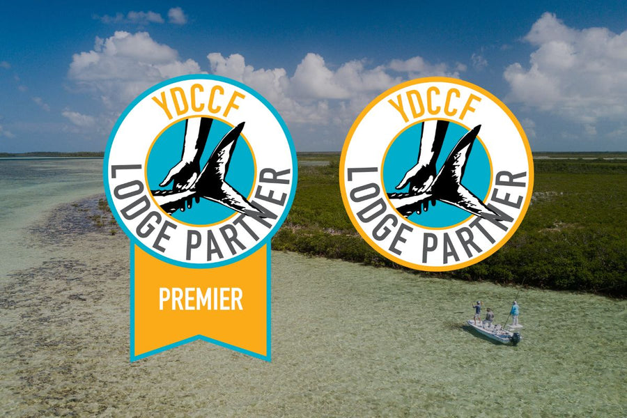 Two YDCCF Lodge Partner badges, one labeled Premier, over an aerial view of fly fishing guides poling a flats skiff in shallow coastal water
