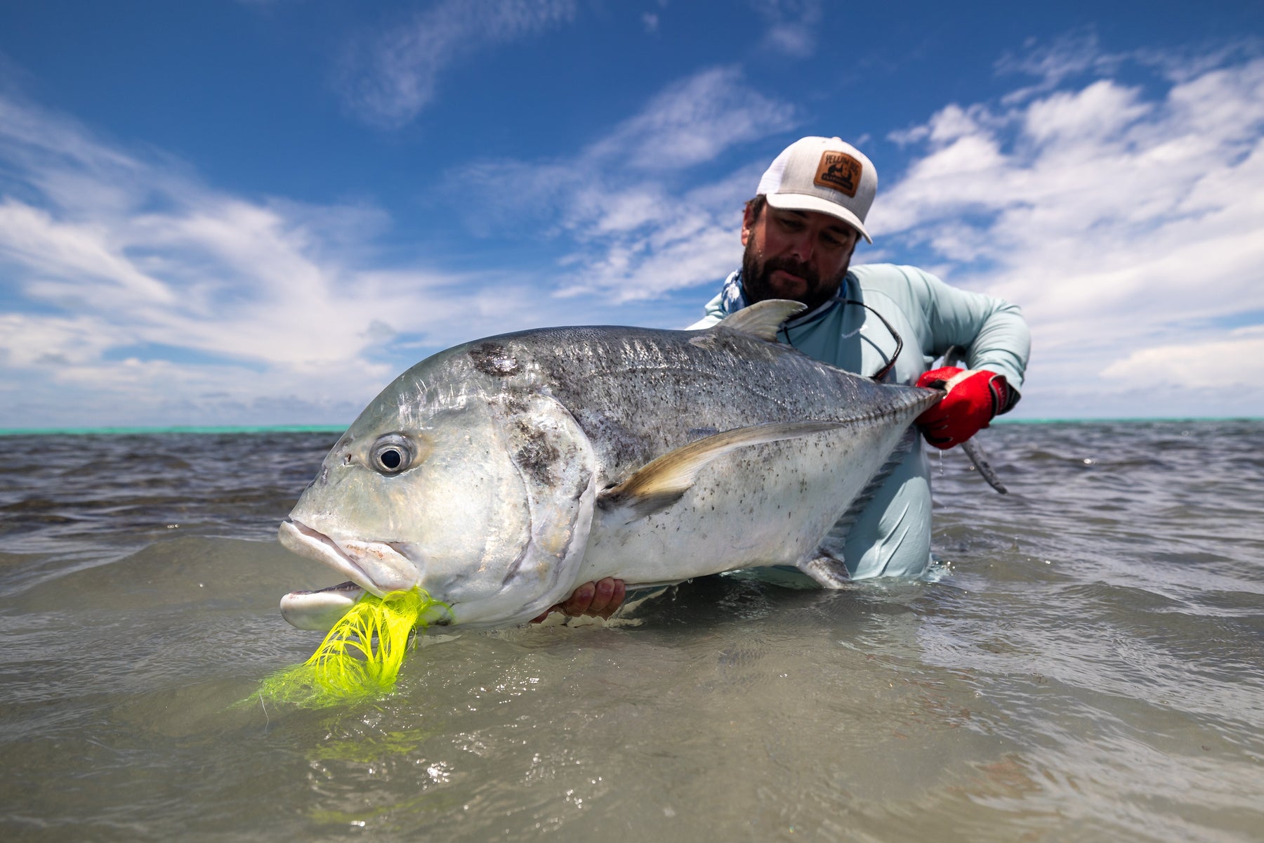 Angler holds a large silver fish with a bright yellow fly in shallow tropical water