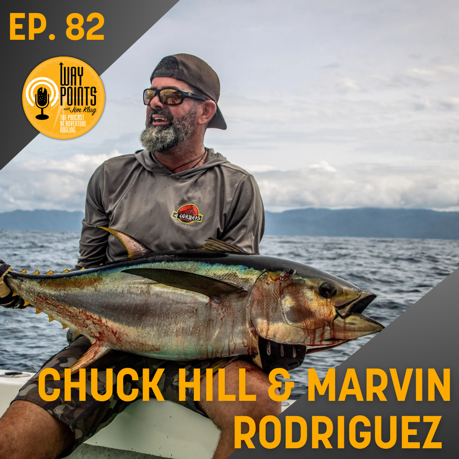 Angler holding a large tuna offshore, with Episode 82 text and Waypoints Podcast branding