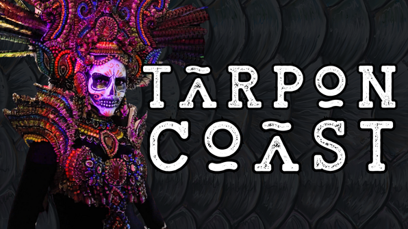 Person in an elaborate colorful skull costume beside the overlaid title Tarpon Coast