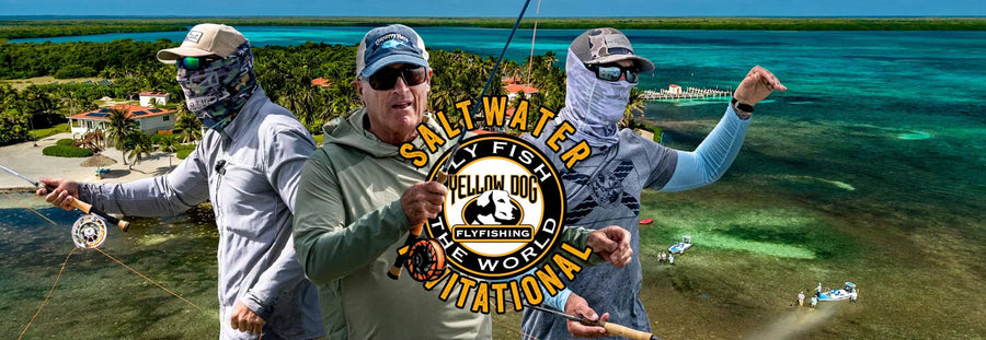 Three anglers fly fishing on shallow turquoise saltwater flats with Yellow Dog Flyfishing Saltwater Invitational logo overlaid