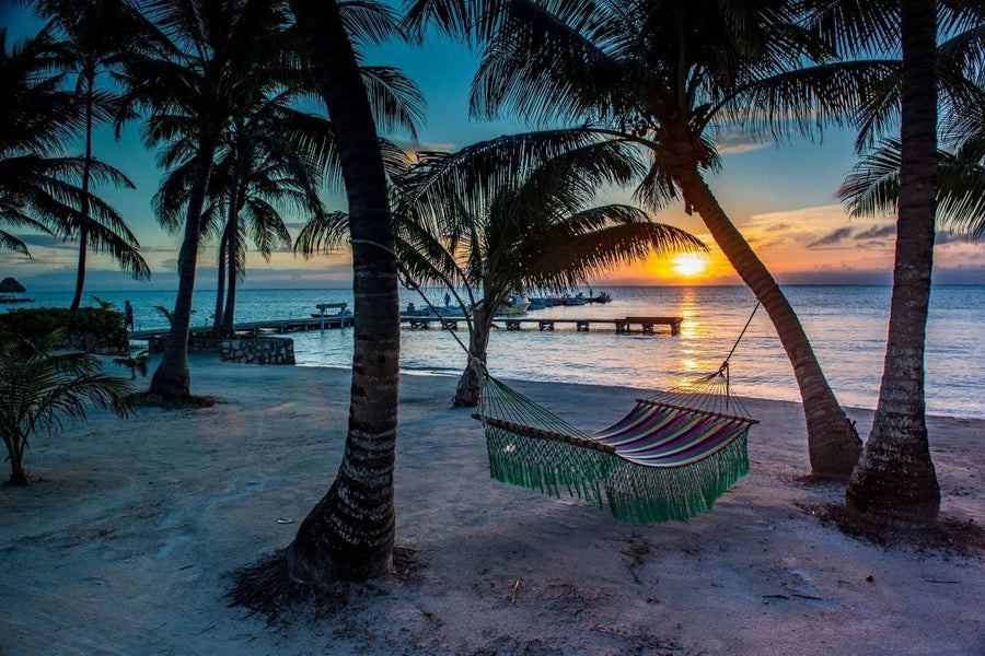 Hammock hanging between palm trees on a sandy beach at sunset with a dock and boats on the horizon
