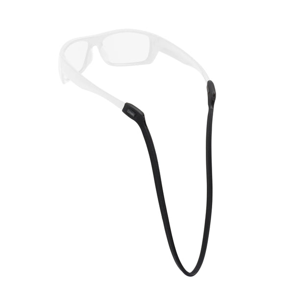 Rear view of Chums Switchback retainer (black) showing dual-port silicone ends and stretchy cord on white background