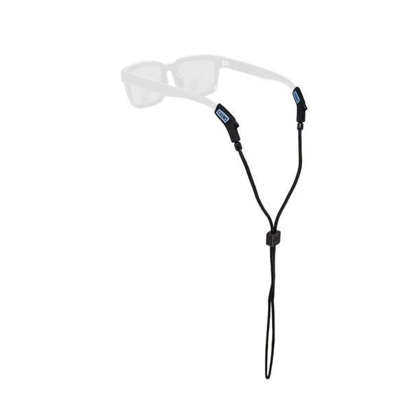 Front of Chums Ripcord Retainer, black 3mm braided cord with adjustable slider and silicone ends on white