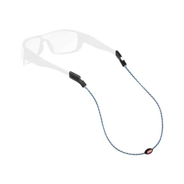 Angled view of Mariner retainer showing braided blue cord with black silicone temple grips and ghosted glasses on white