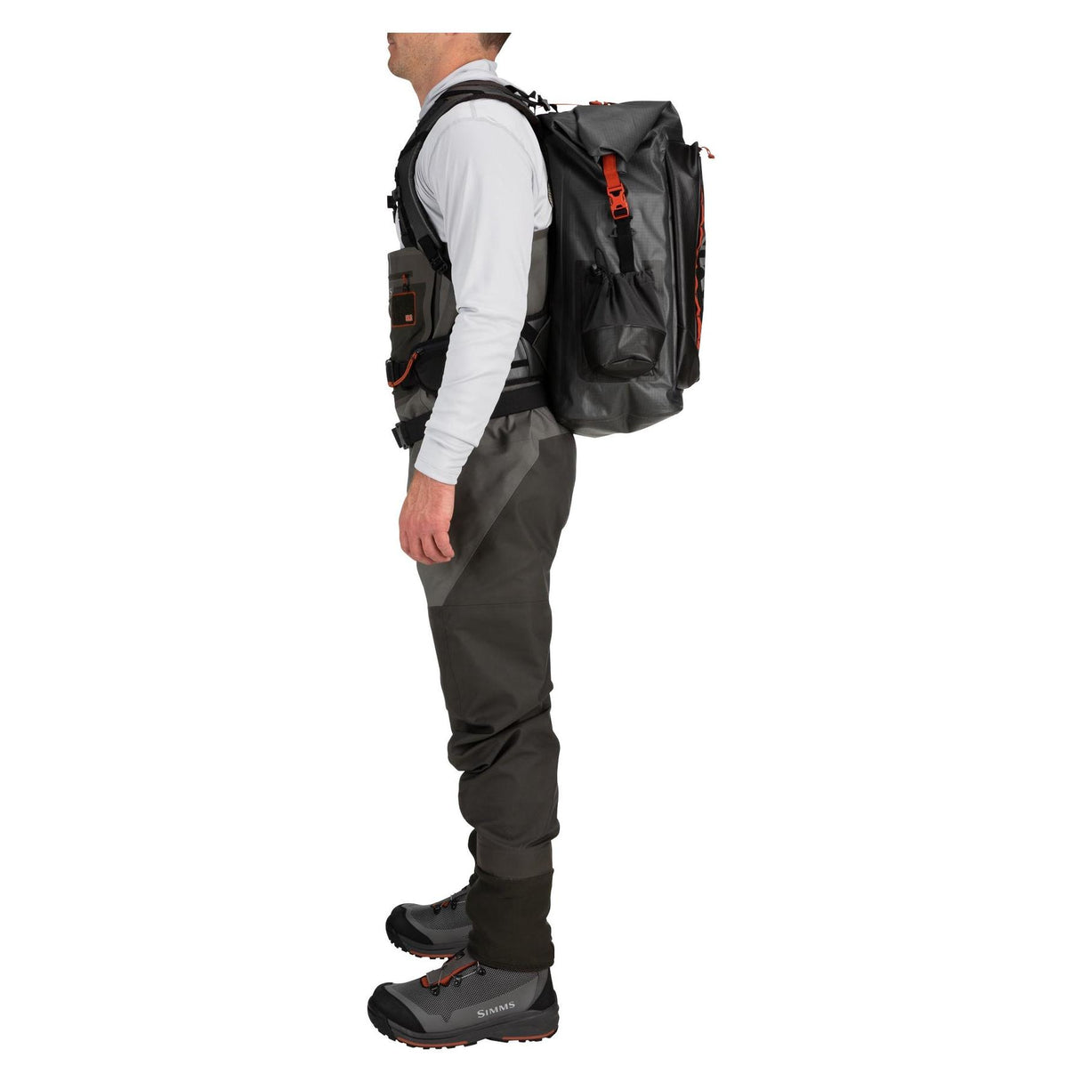 Side view of Simms G3 Guide Backpack in Anvil showing waterproof roll-top closure and padded harness on white background
