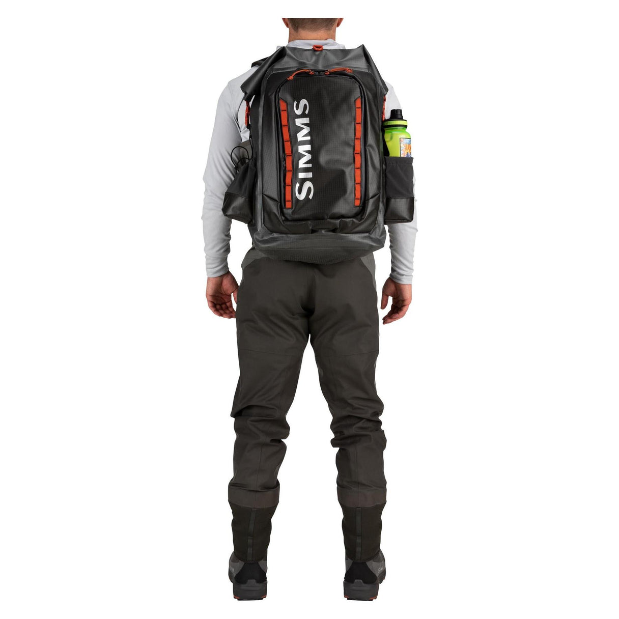 Rear view of Simms G3 Guide Backpack in Anvil showcasing roll-top waterproof design, exterior pockets and vertical SIMMS logo on white background