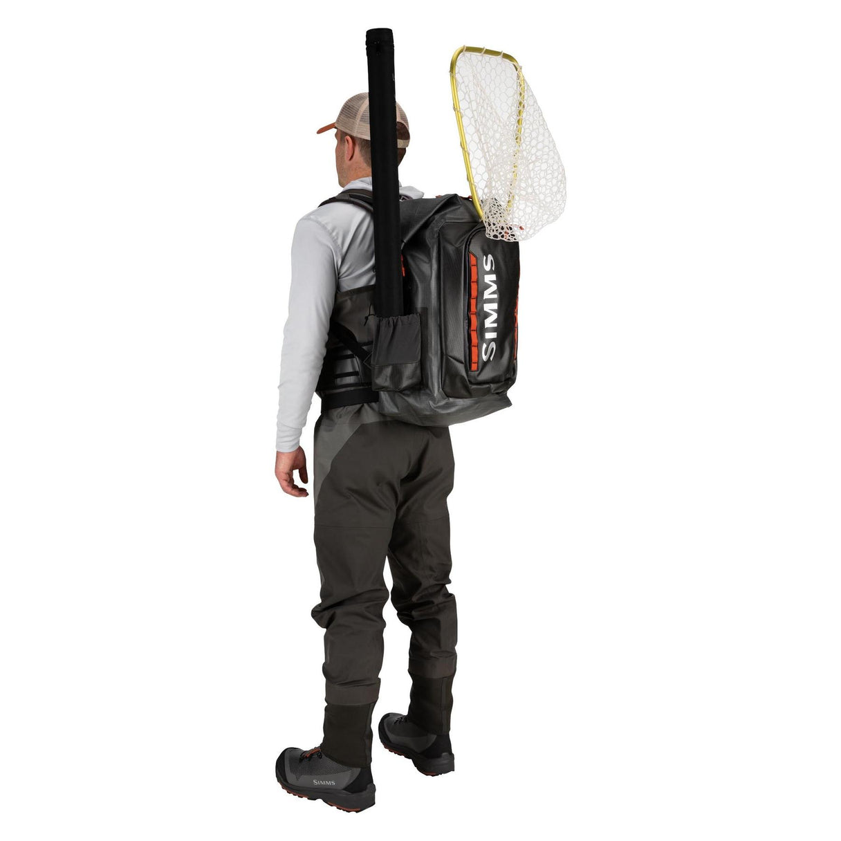 Rear view of Simms G3 Guide Backpack showcasing roll-top waterproof design, rod-tube pocket and net attachment on white