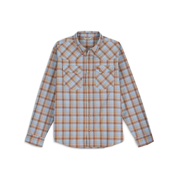 Front view of Simms Brackett long-sleeve shirt showcasing light blue and brown plaid and two snap chest pockets on white background