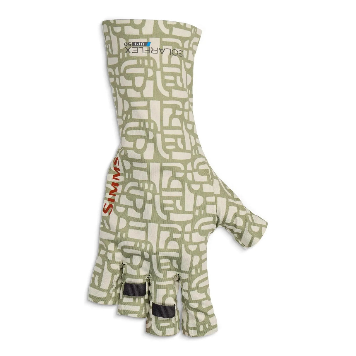 Front view of Simms Solarflex sunglove fingerless glove with long wrist cuff, UPF 50 sun protection, green cream geometric print on white background