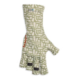 Front view of Simms Solarflex sunglove fingerless glove with long wrist cuff, UPF 50 sun protection, green cream geometric print on white background