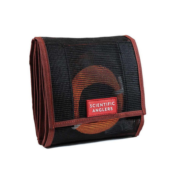Front of Scientific Anglers fly line wallet showing black mesh, brown trim, red logo patch and orange line spool