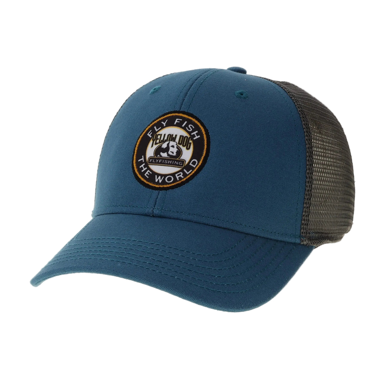 Angled view of Lo-Pro trucker hat in marine blue with curved brim, gray mesh back and Yellow Dog fly fishing patch