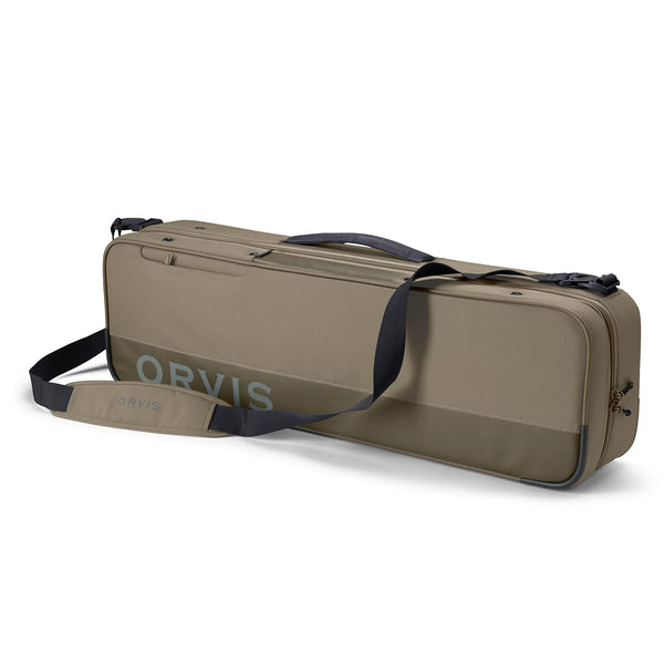 Angled view of Orvis Carry-It-All fly rod case showing padded shoulder strap, top handle, zippered exterior pocket, and ORVIS logo on a white background