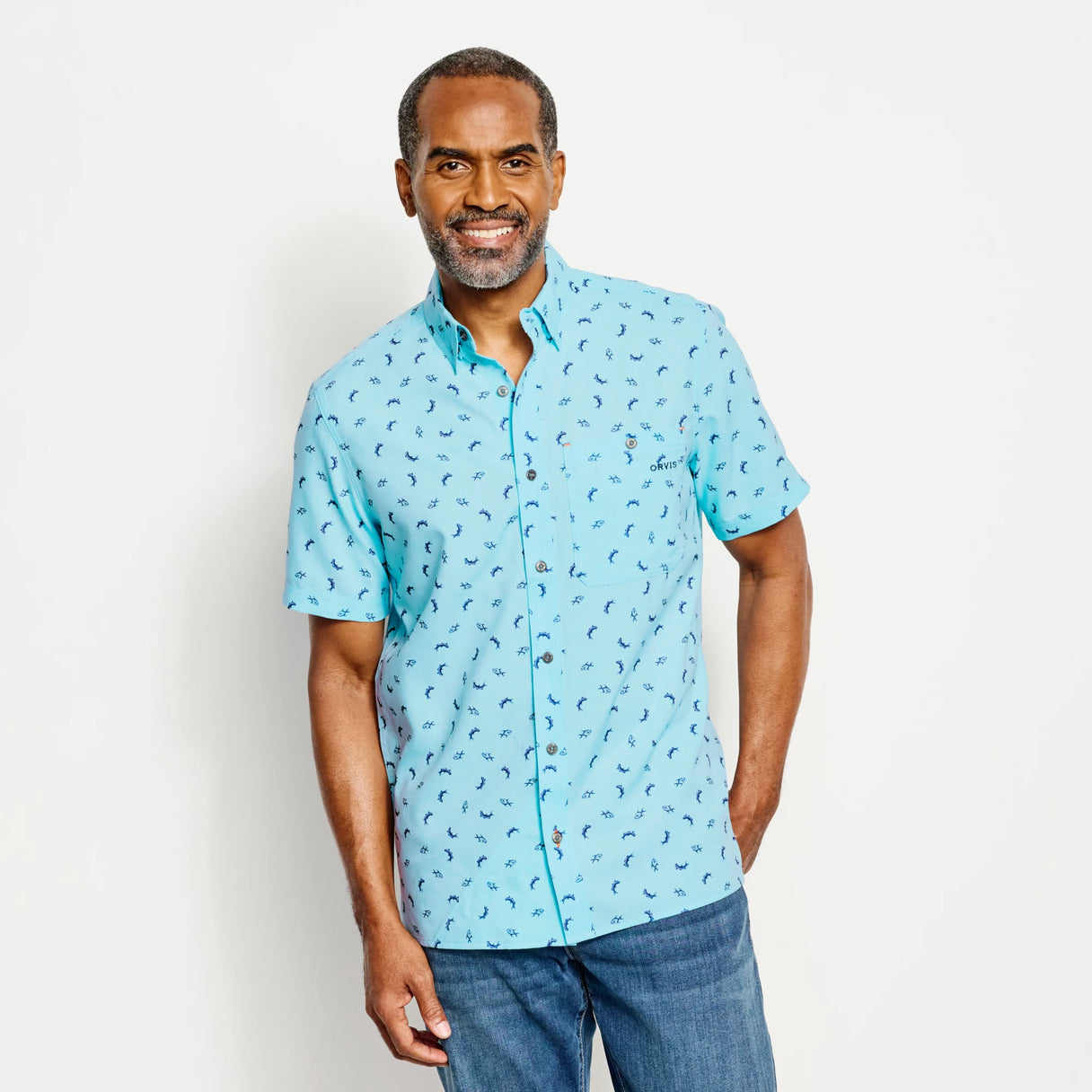 Orvis Tech Chambray Printed Short Sleeve Shirt Dusty Blue Yellow Dog Flyfishing