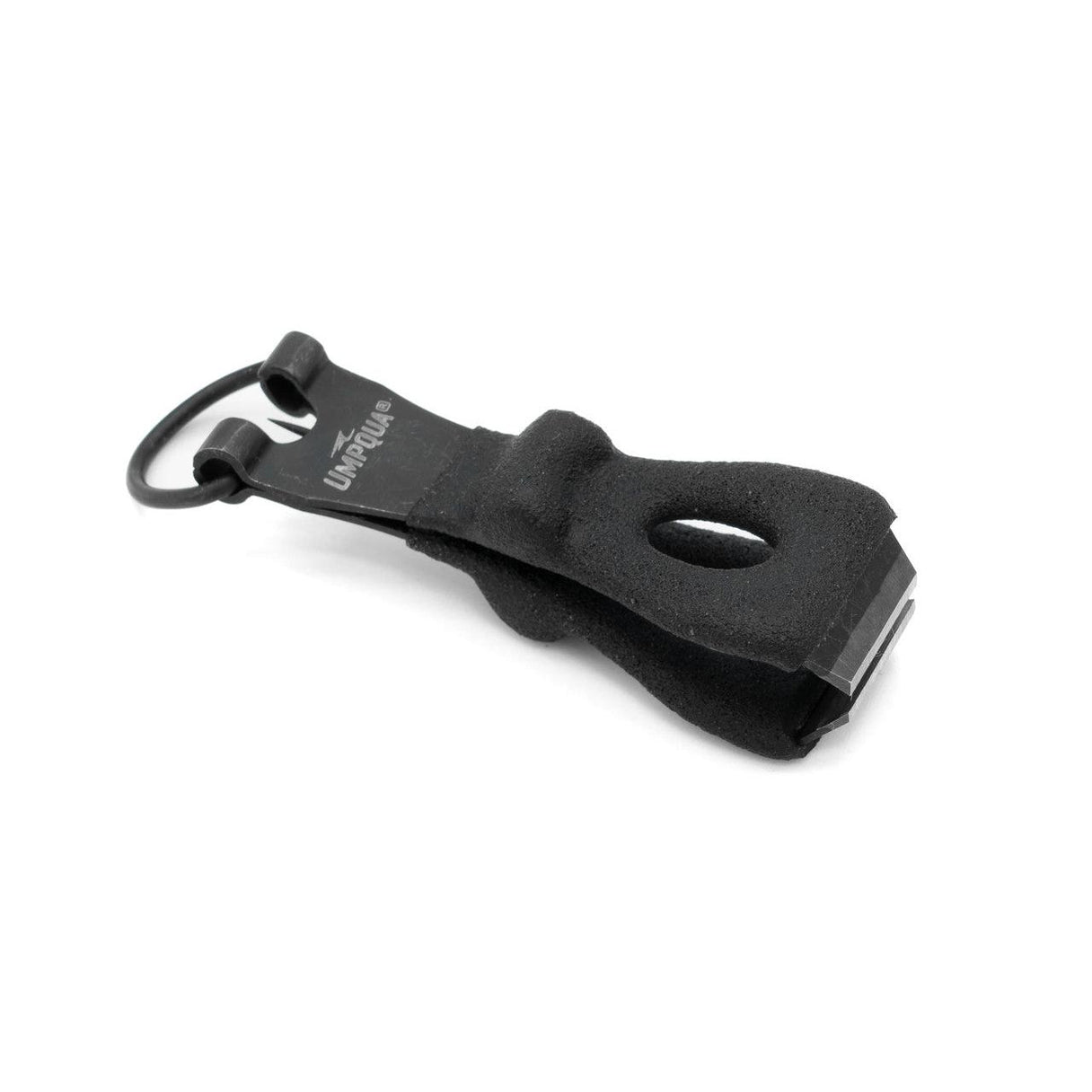 Angled view of Umpqua Rivergrip PS nipper showing ergonomic foam sheath, keyring attachment and stainless-steel blades on white background