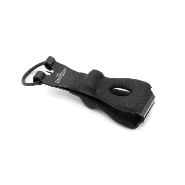 Angled view of Umpqua Rivergrip PS nipper showing ergonomic foam sheath, keyring attachment and stainless-steel blades on white background