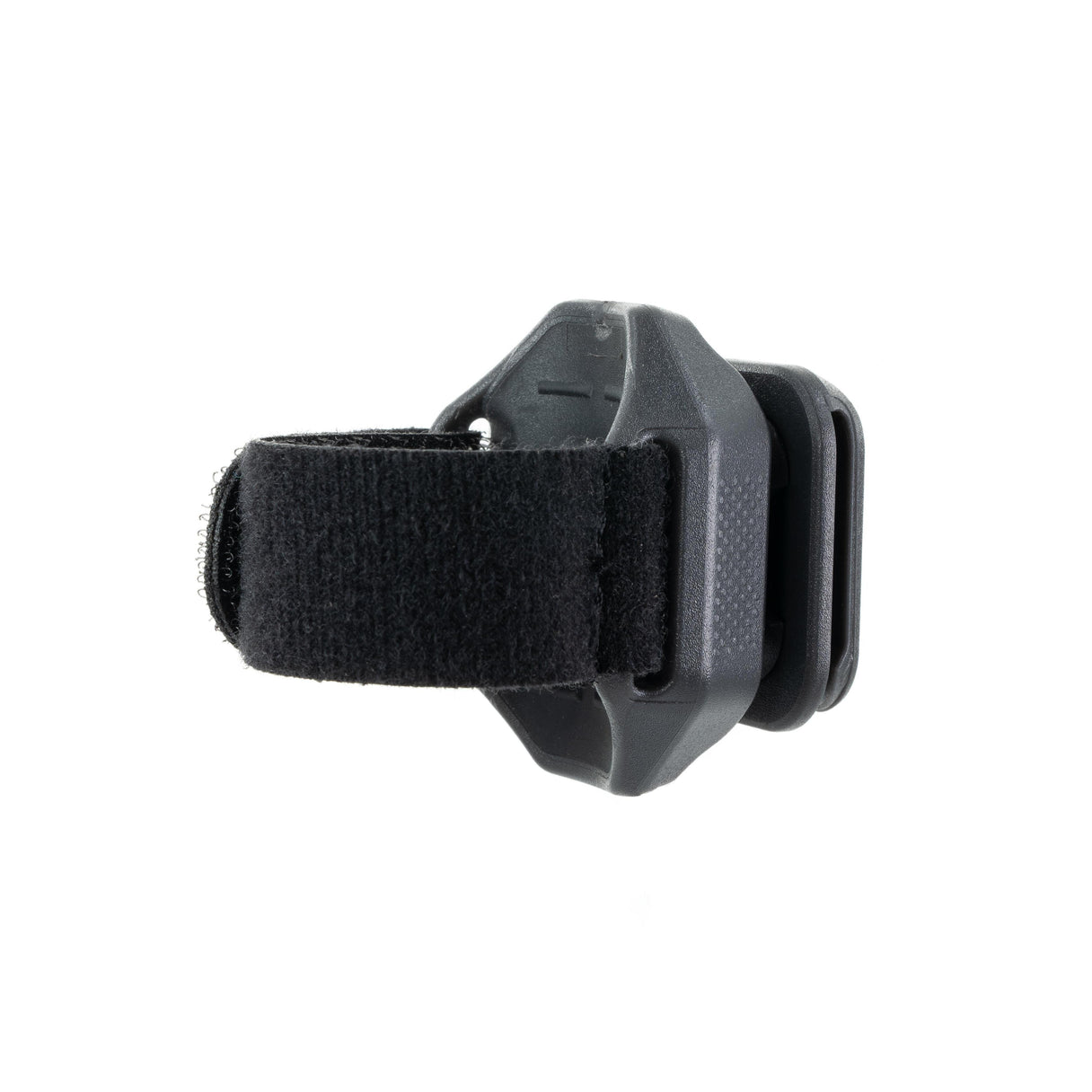 Side view of Umpqua LINK Drydock floatant holder showing black hook-and-loop strap and LINK mount on white background