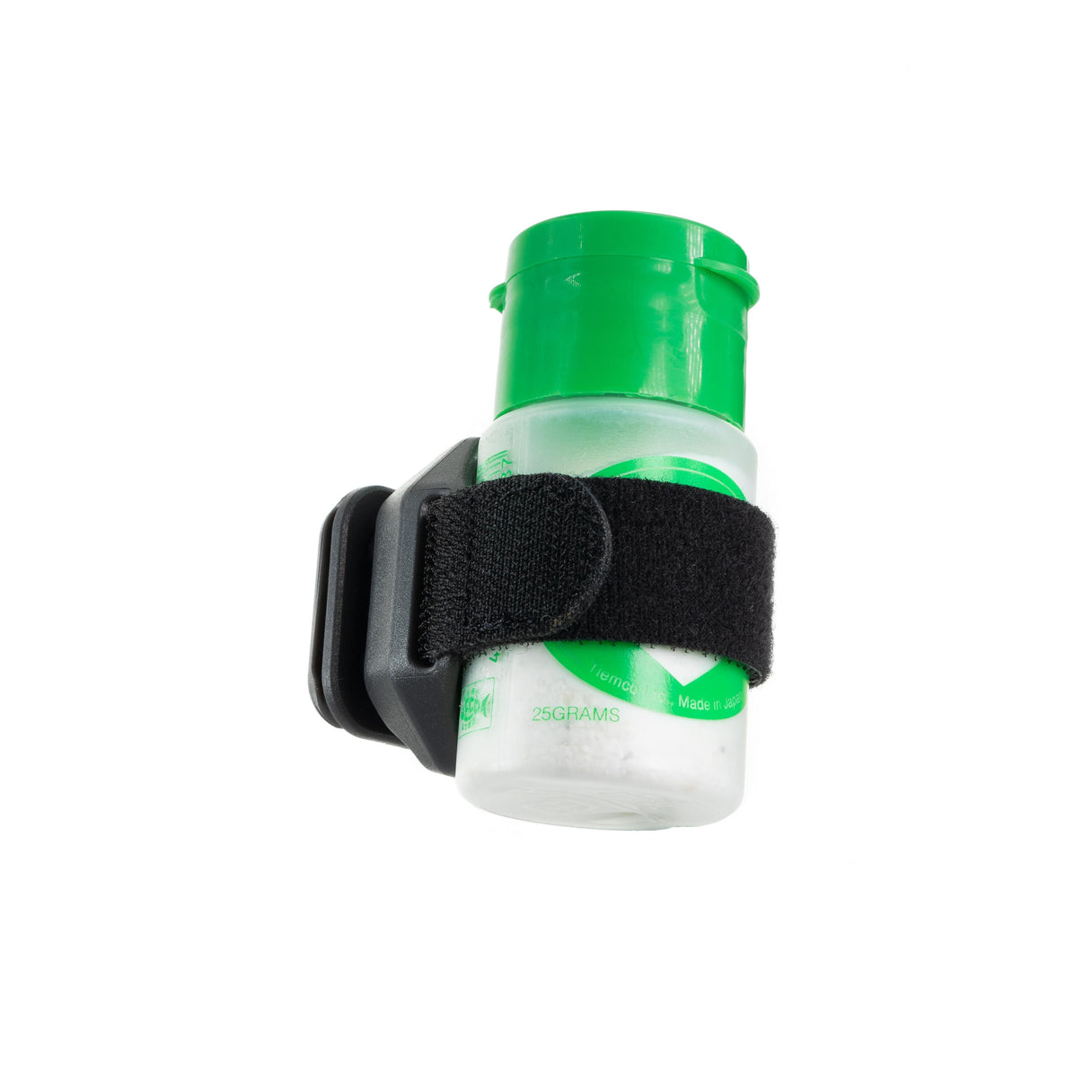 Angled front view of Umpqua LINK Drydock floatant holder securing a small floatant bottle with a black hook-and-loop strap on white background