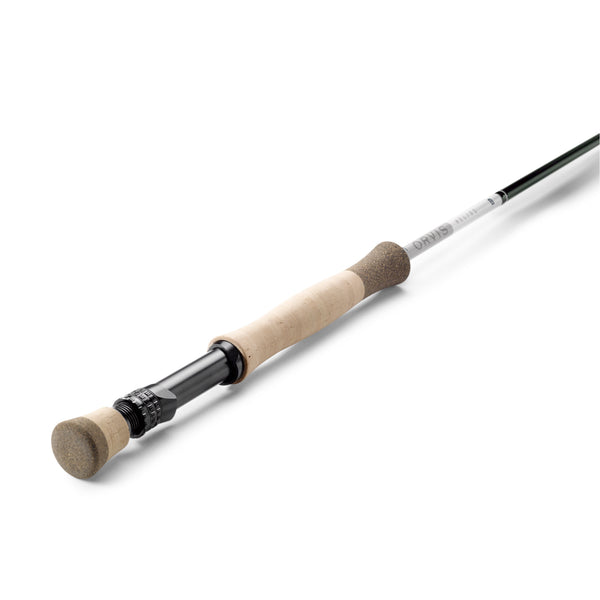 Angled close-up of Orvis Helios D 8WT 9’ fly rod showcasing cork handle and black reel seat on a white background