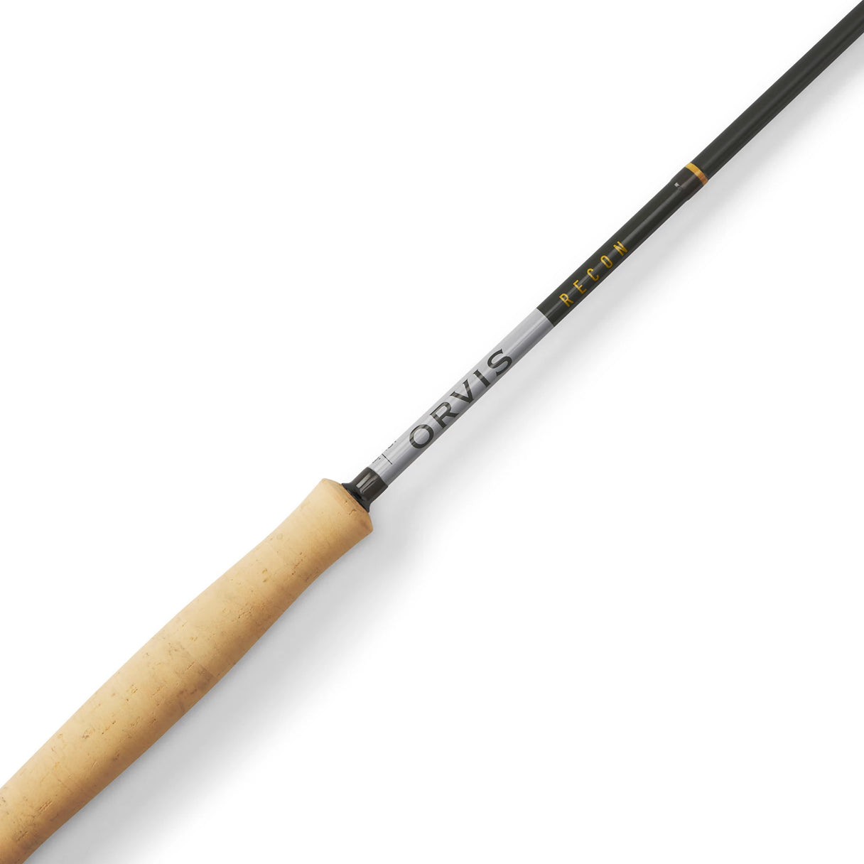 Angled detail of Orvis Recon 3wt 9' fly rod showing cork handle and Recon branding on a white background