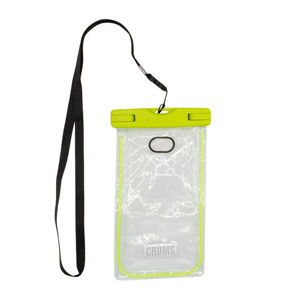 Front view of Chums Glow phone pouch showing clear waterproof body, glow-in-the-dark piping, locking closure and black lanyard on white background