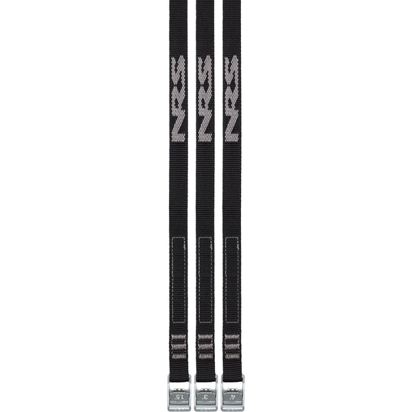 Front view of three black NRS 5/8 inch micro straps showcasing cam buckles with etched length markings and woven NRS logo on white background