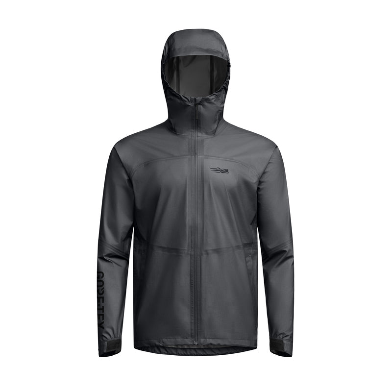 Front view of SITKA Dew Point UL Jacket in basalt grey showcasing lightweight waterproof GORE-TEX fabric, attached hood, and full-length zipper on white background