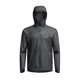 Front view of SITKA Dew Point UL Jacket in basalt grey showcasing lightweight waterproof GORE-TEX fabric, attached hood, and full-length zipper on white background