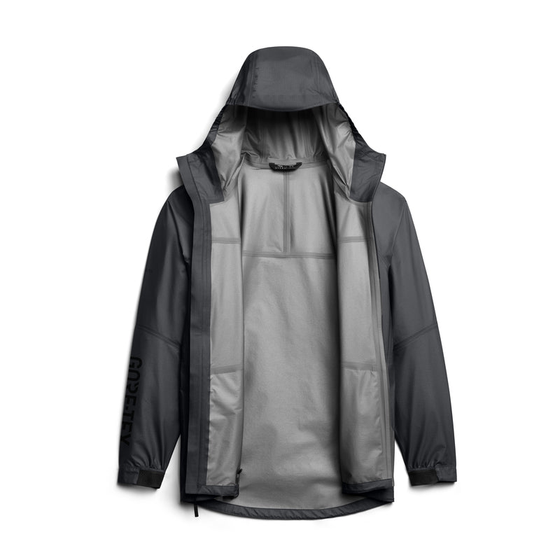 Front-open view of SITKA Dew Point UL Jacket in basalt grey showing hood, taped seams and Gore-Tex sleeve logo on white background