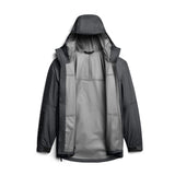 Front-open view of SITKA Dew Point UL Jacket in basalt grey showing hood, taped seams and Gore-Tex sleeve logo on white background