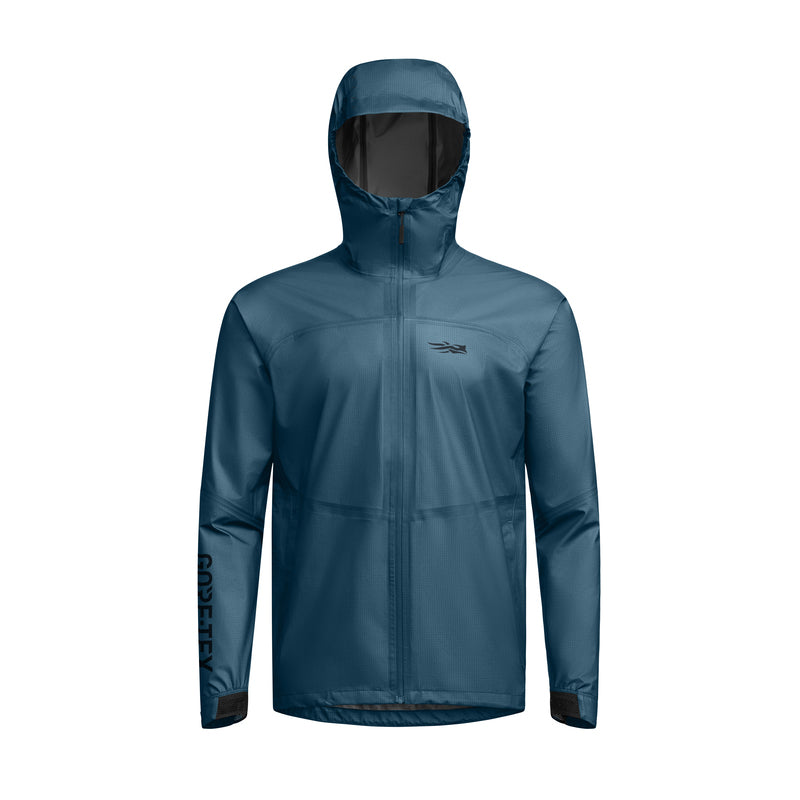Front view of SITKA Dew Point UL jacket in Blue Spruce showing lightweight GORE-TEX ripstop fabric, hood, and full zipper on white background