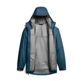 Front view of Sitka Dew Point UL jacket in Blue Spruce showing hood, open front with gray lining and GORE-TEX logo on sleeve on white background