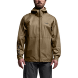 Front view of SITKA Dew Point UL Jacket in brown on model with hood, full zipper, and GORE-TEX logo on sleeve