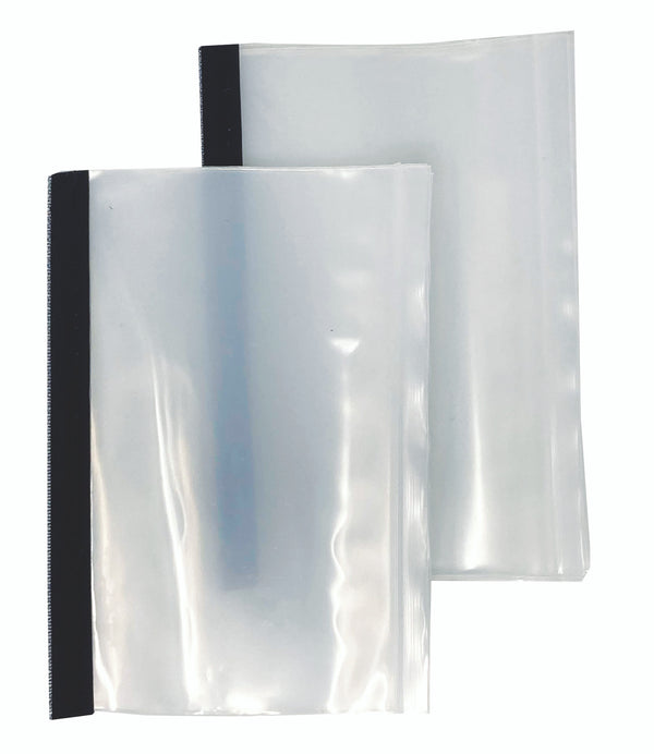Front view of Finsport fly wallet refill sleeves showcasing clear plastic pockets and black binding on white background