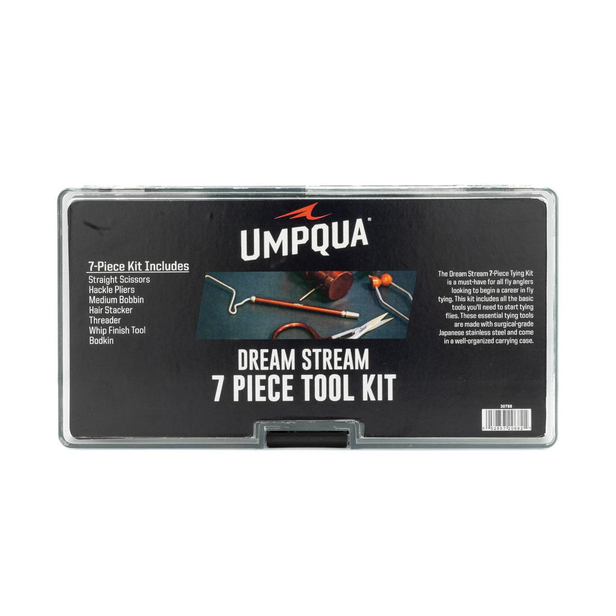 Front view of Umpqua Dream Stream 7-piece tool kit case showing label and list of included tying tools on white background