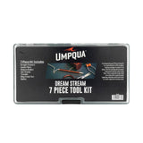 Front view of Umpqua Dream Stream 7-piece tool kit case showing label and list of included tying tools on white background
