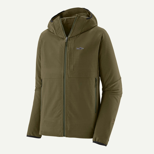 Three-quarter view of Patagonia R1 TechFace hoody in Basin Green showing hood and high zippered pockets on light background