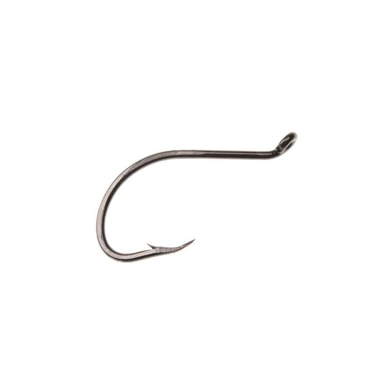 Side view of Ahrex PR382 Predator trailer hook showing up-eye, barbed point and black nickel finish on white background