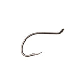 Side view of Ahrex PR382 Predator trailer hook showing up-eye, barbed point and black nickel finish on white background