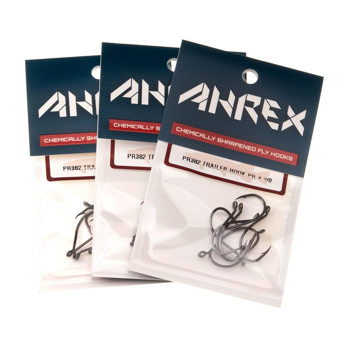 Three packets of Ahrex PR382 trailer hooks showing black nickel up eyed chemically sharpened hooks on white background