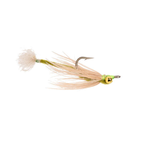 Side view of Bonefish Worm fly, lite olive, with gold bead eyes, olive chenille body and tan feather tail on white background