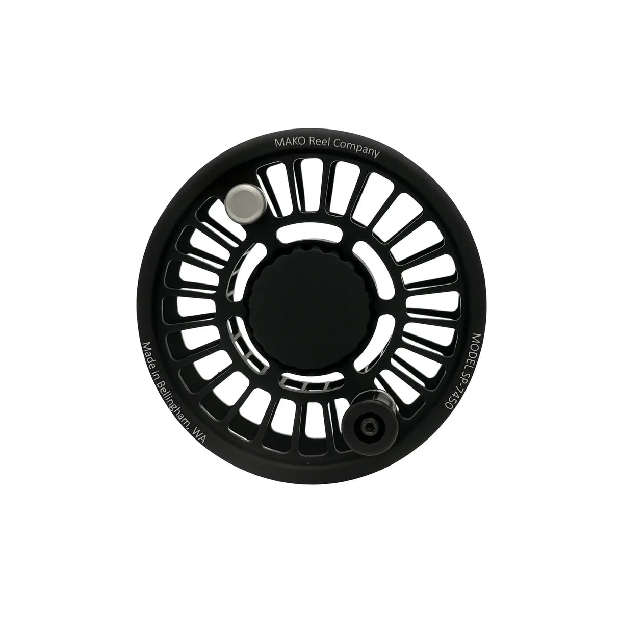 Front view of Mako 7450 freshwater reel showcasing vented spool, drag knob, and black anodized finish on white background